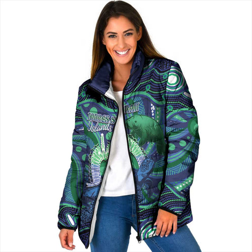 Personalised Torres Strait Islander Flag Day Padded Jacket Dhari Australia Dugong Turtle Aboriginal Art