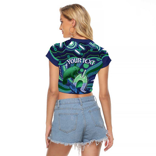 Personalised Torres Strait Islander Flag Day Raglan Cropped T Shirt Dhari Australia Dugong Turtle Aboriginal Art