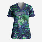 Personalised Torres Strait Islander Flag Day Scrub Top Dhari Australia Dugong Turtle Aboriginal Art
