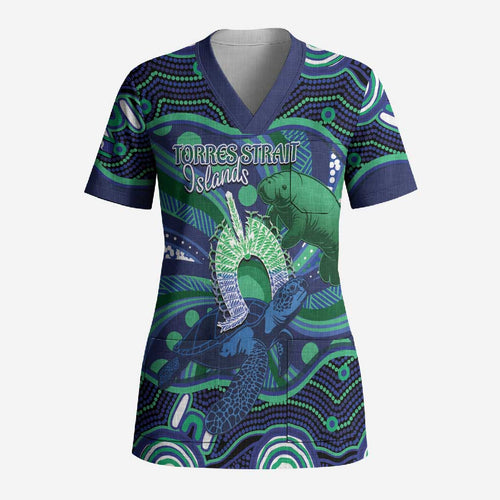 Personalised Torres Strait Islander Flag Day Scrub Top Dhari Australia Dugong Turtle Aboriginal Art