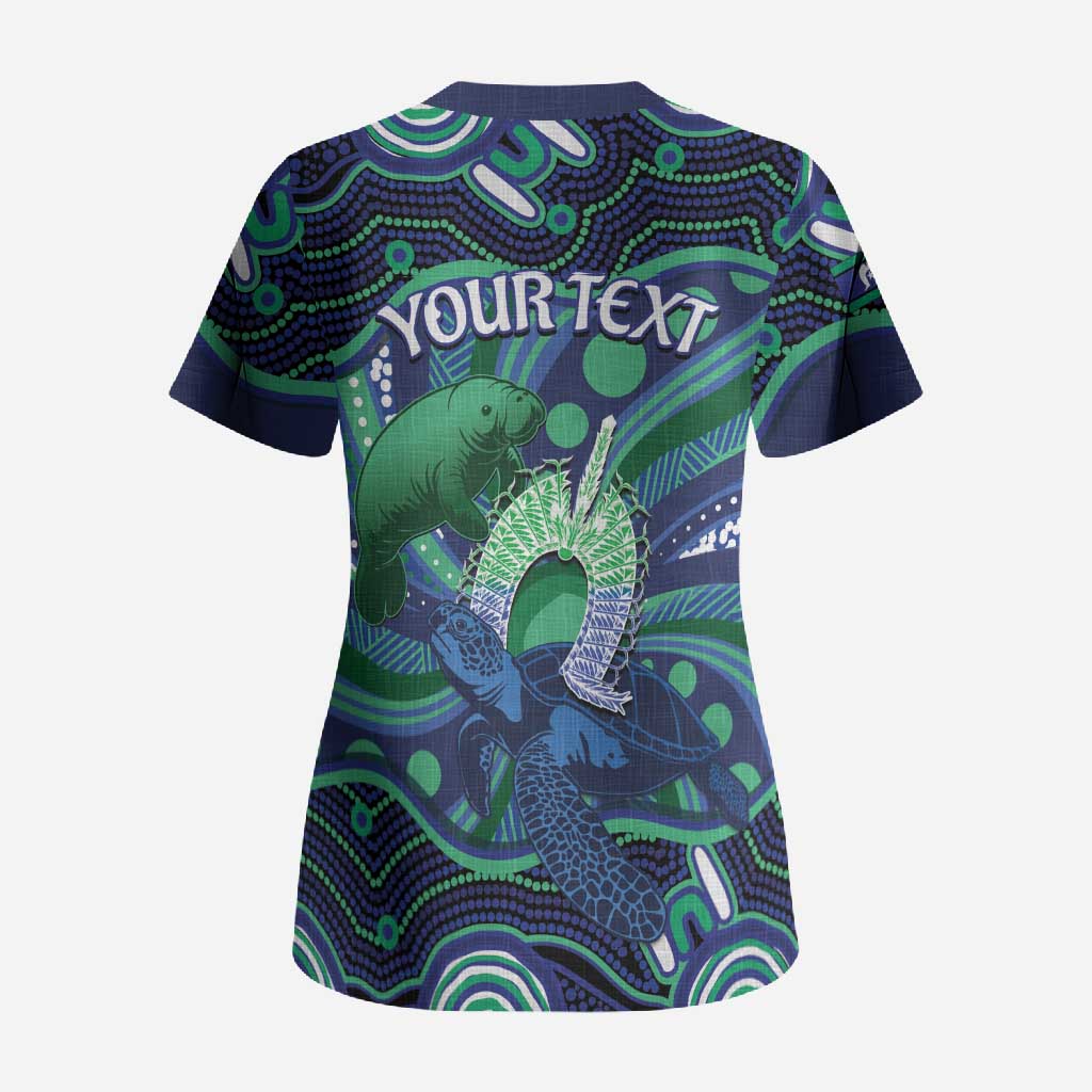 Personalised Torres Strait Islander Flag Day Scrub Top Dhari Australia Dugong Turtle Aboriginal Art