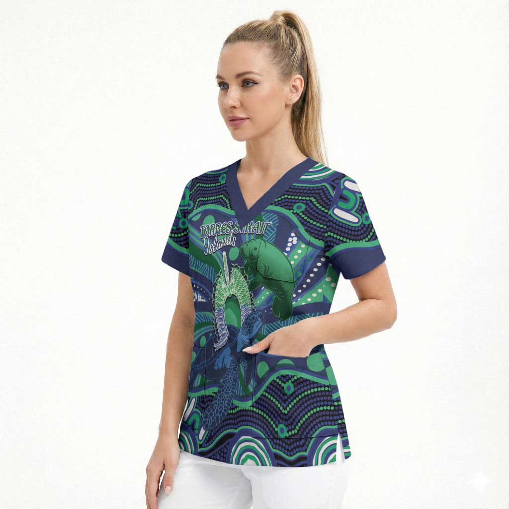 Personalised Torres Strait Islander Flag Day Scrub Top Dhari Australia Dugong Turtle Aboriginal Art