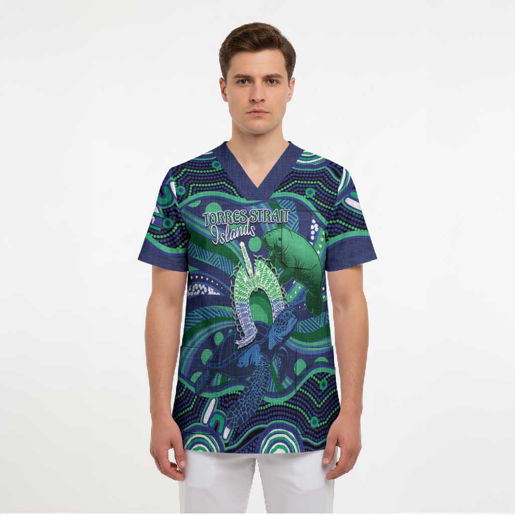 Personalised Torres Strait Islander Flag Day Scrub Top Dhari Australia Dugong Turtle Aboriginal Art