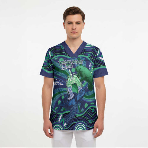 Personalised Torres Strait Islander Flag Day Scrub Top Dhari Australia Dugong Turtle Aboriginal Art