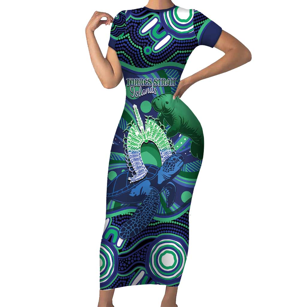 Personalised Torres Strait Islander Flag Day Short Sleeve Bodycon Dress Dhari Australia Dugong Turtle Aboriginal Art