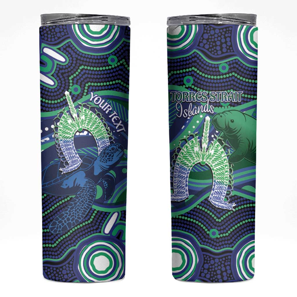 Personalised Torres Strait Islander Flag Day Skinny Tumbler Dhari Australia Dugong Turtle Aboriginal Art