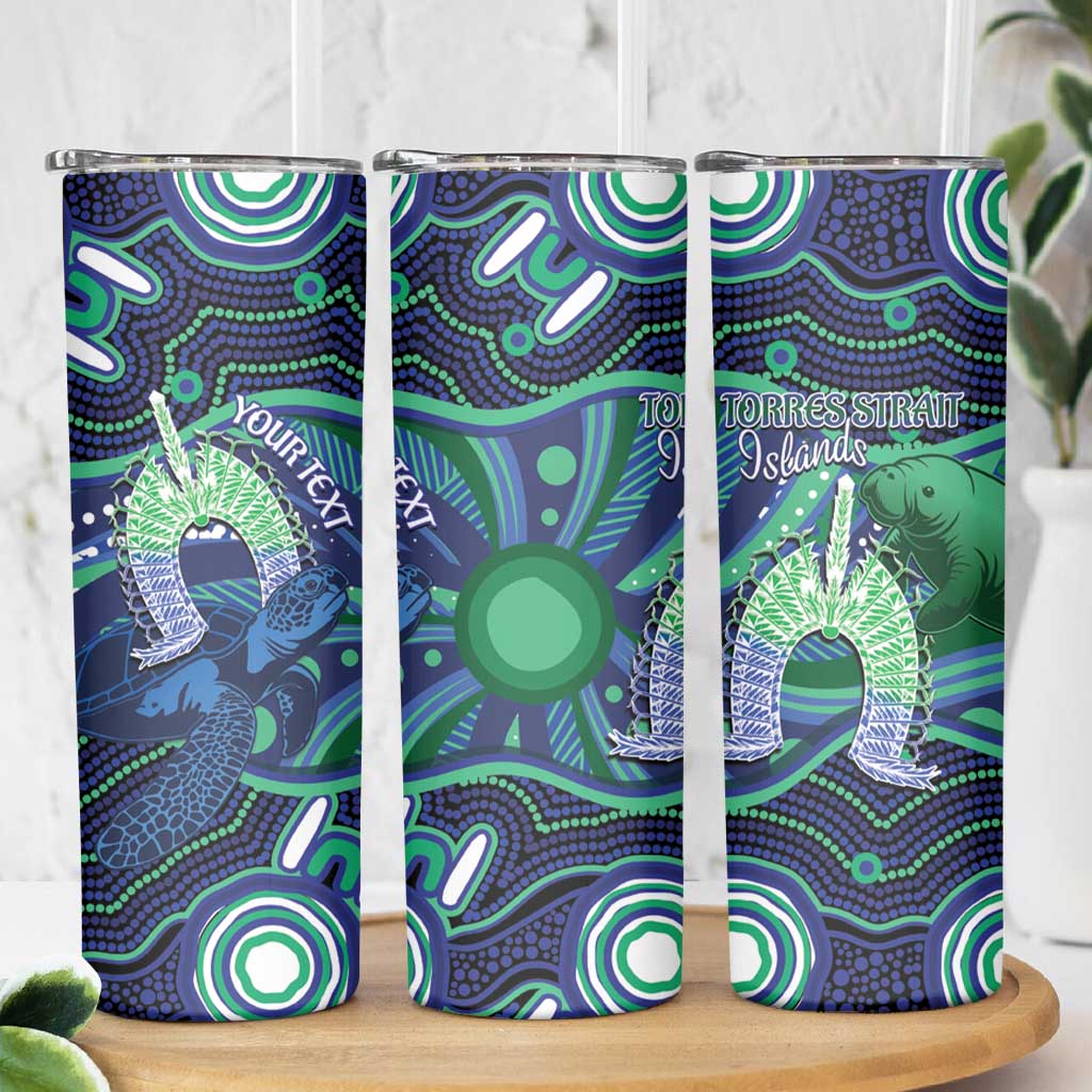 Personalised Torres Strait Islander Flag Day Skinny Tumbler Dhari Australia Dugong Turtle Aboriginal Art