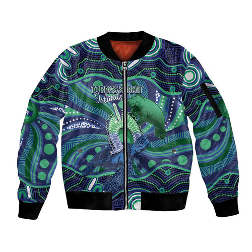 Personalised Torres Strait Islander Flag Day Sleeve Zip Bomber Jacket Dhari Australia Dugong Turtle Aboriginal Art