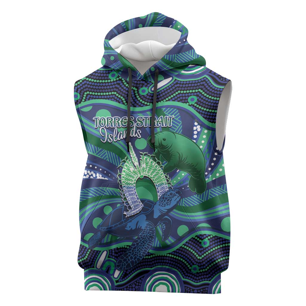Personalised Torres Strait Islander Flag Day Sleeveless Hoodie Dhari Australia Dugong Turtle Aboriginal Art