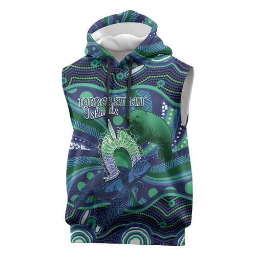 Personalised Torres Strait Islander Flag Day Sleeveless Hoodie Dhari Australia Dugong Turtle Aboriginal Art