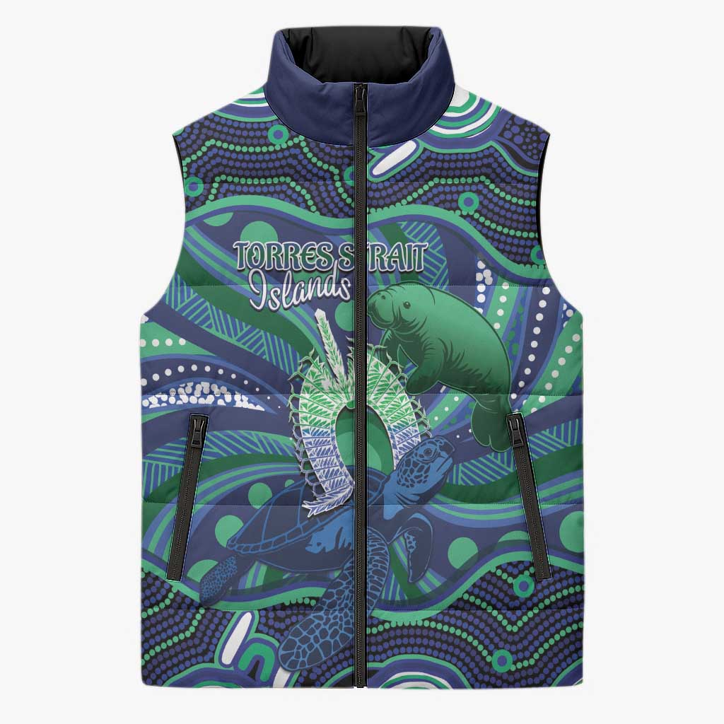 Personalised Torres Strait Islander Flag Day Sleeveless Puffer Jacket Dhari Australia Dugong Turtle Aboriginal Art