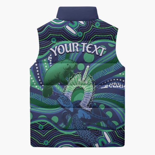 Personalised Torres Strait Islander Flag Day Sleeveless Puffer Jacket Dhari Australia Dugong Turtle Aboriginal Art