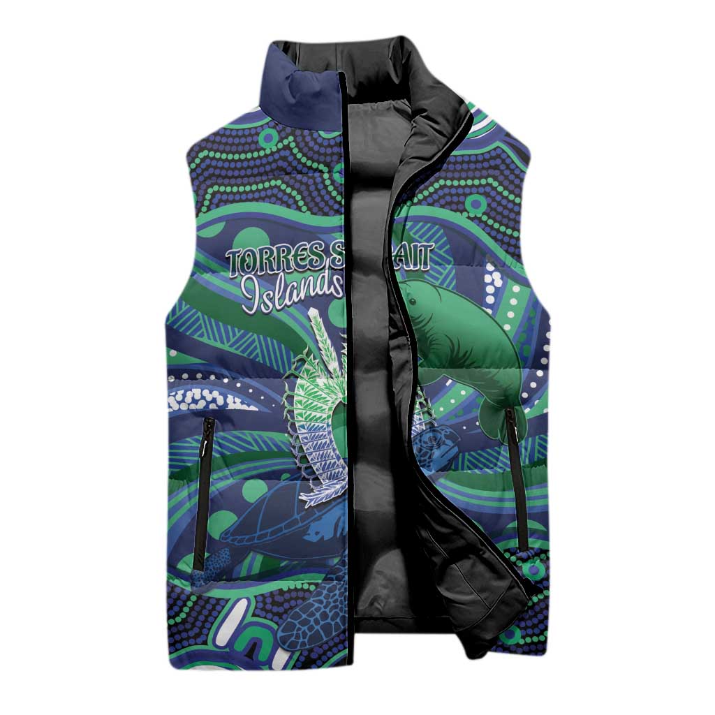 Personalised Torres Strait Islander Flag Day Sleeveless Puffer Jacket Dhari Australia Dugong Turtle Aboriginal Art