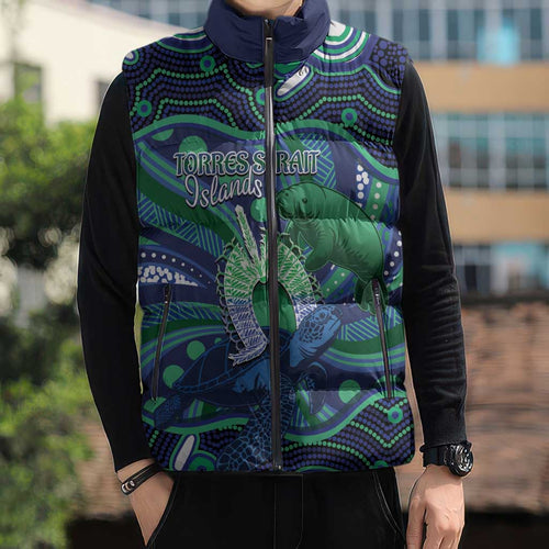 Personalised Torres Strait Islander Flag Day Sleeveless Puffer Jacket Dhari Australia Dugong Turtle Aboriginal Art