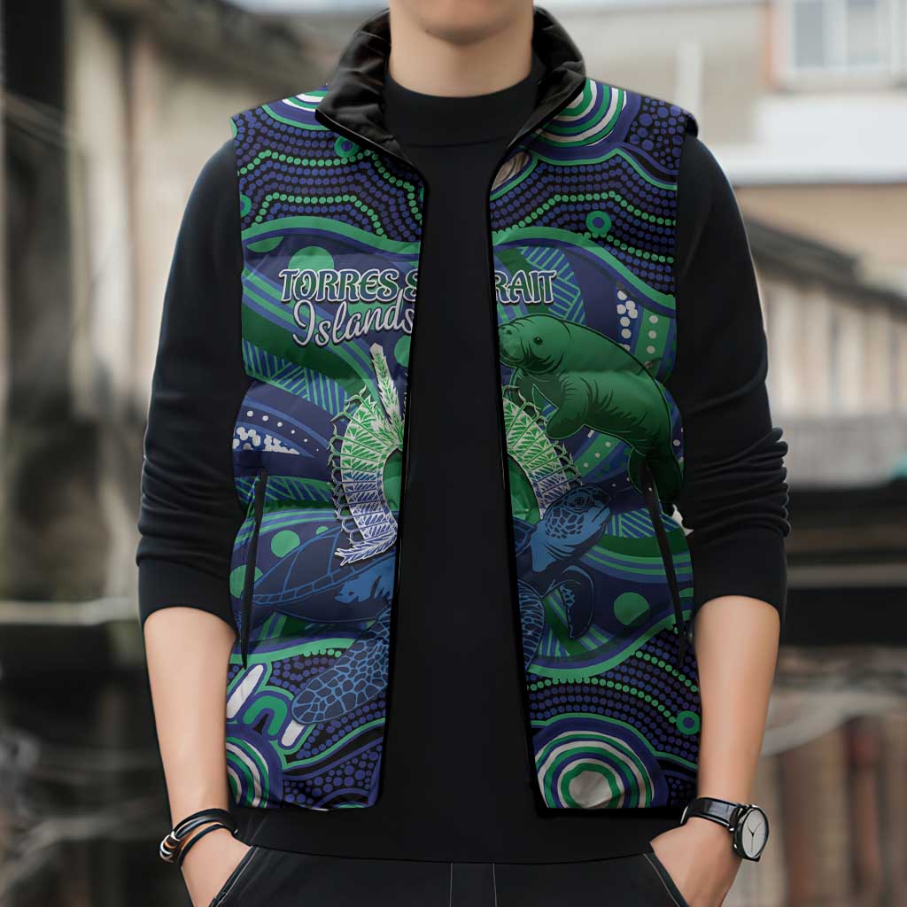 Personalised Torres Strait Islander Flag Day Sleeveless Puffer Jacket Dhari Australia Dugong Turtle Aboriginal Art