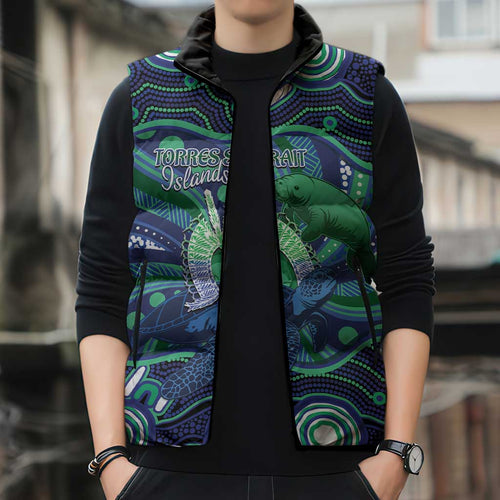 Personalised Torres Strait Islander Flag Day Sleeveless Puffer Jacket Dhari Australia Dugong Turtle Aboriginal Art