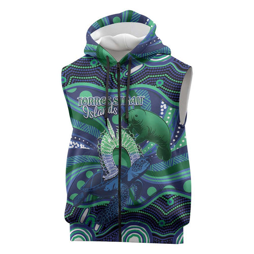Personalised Torres Strait Islander Flag Day Sleeveless Zip Hoodie Dhari Australia Dugong Turtle Aboriginal Art