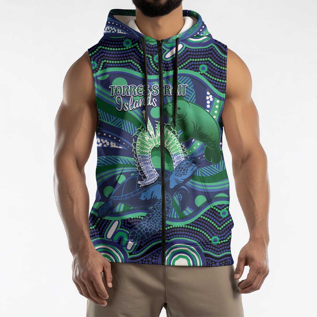 Personalised Torres Strait Islander Flag Day Sleeveless Zip Hoodie Dhari Australia Dugong Turtle Aboriginal Art