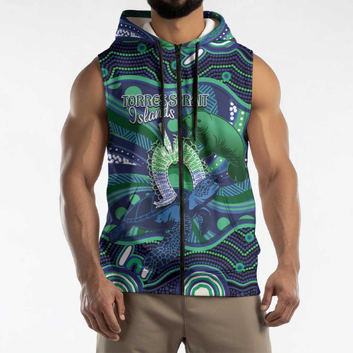 Personalised Torres Strait Islander Flag Day Sleeveless Zip Hoodie Dhari Australia Dugong Turtle Aboriginal Art