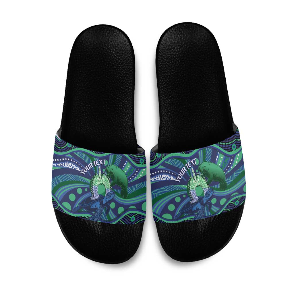 Personalised Torres Strait Islander Flag Day Slide Sandals Dhari Australia Dugong Turtle Aboriginal Art