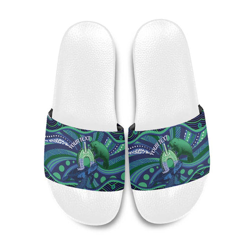 Personalised Torres Strait Islander Flag Day Slide Sandals Dhari Australia Dugong Turtle Aboriginal Art