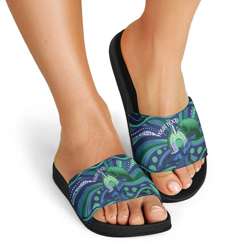 Personalised Torres Strait Islander Flag Day Slide Sandals Dhari Australia Dugong Turtle Aboriginal Art