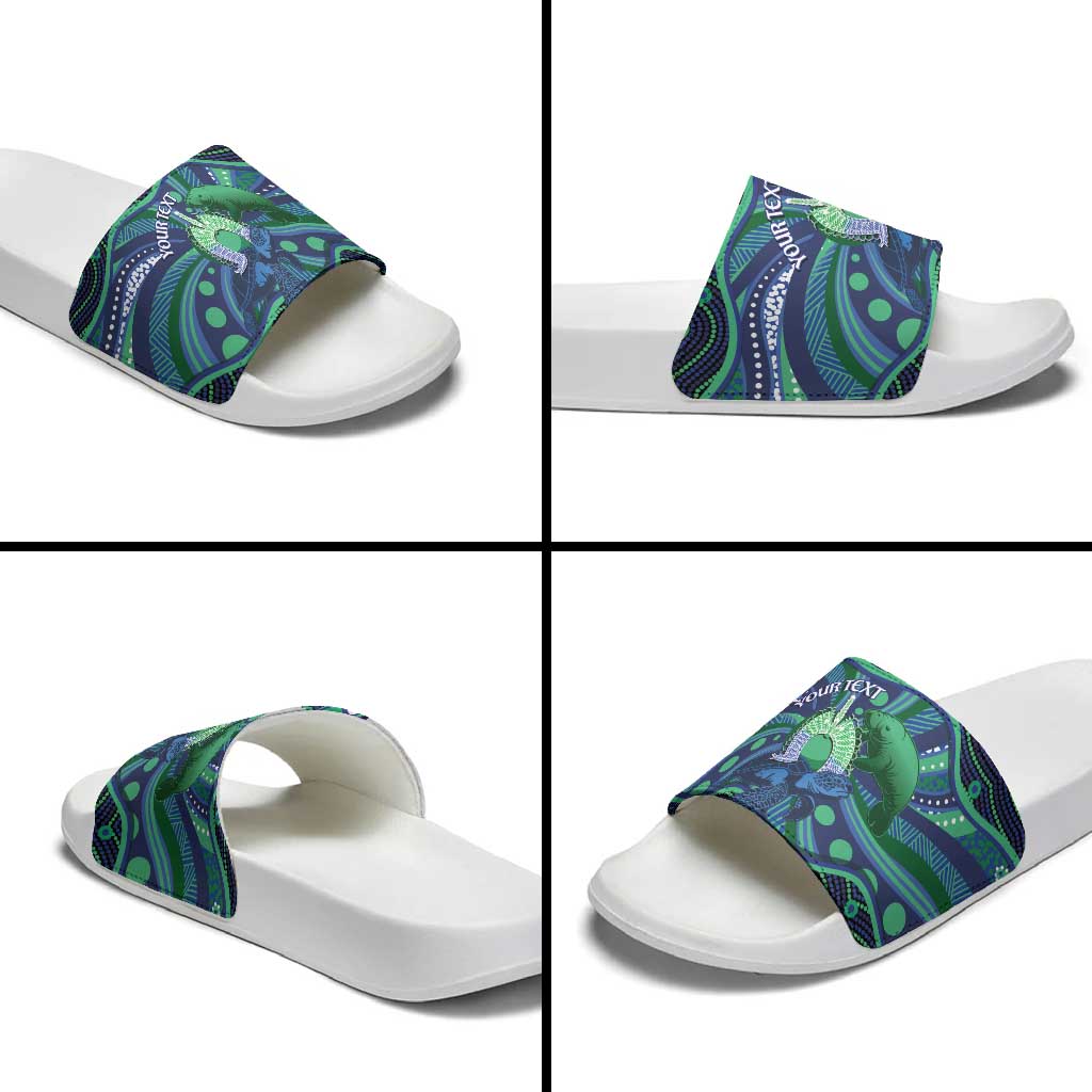 Personalised Torres Strait Islander Flag Day Slide Sandals Dhari Australia Dugong Turtle Aboriginal Art