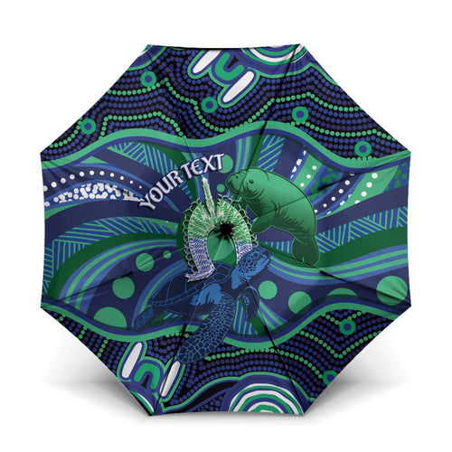Personalised Torres Strait Islander Flag Day Umbrella Dhari Australia Dugong Turtle Aboriginal Art