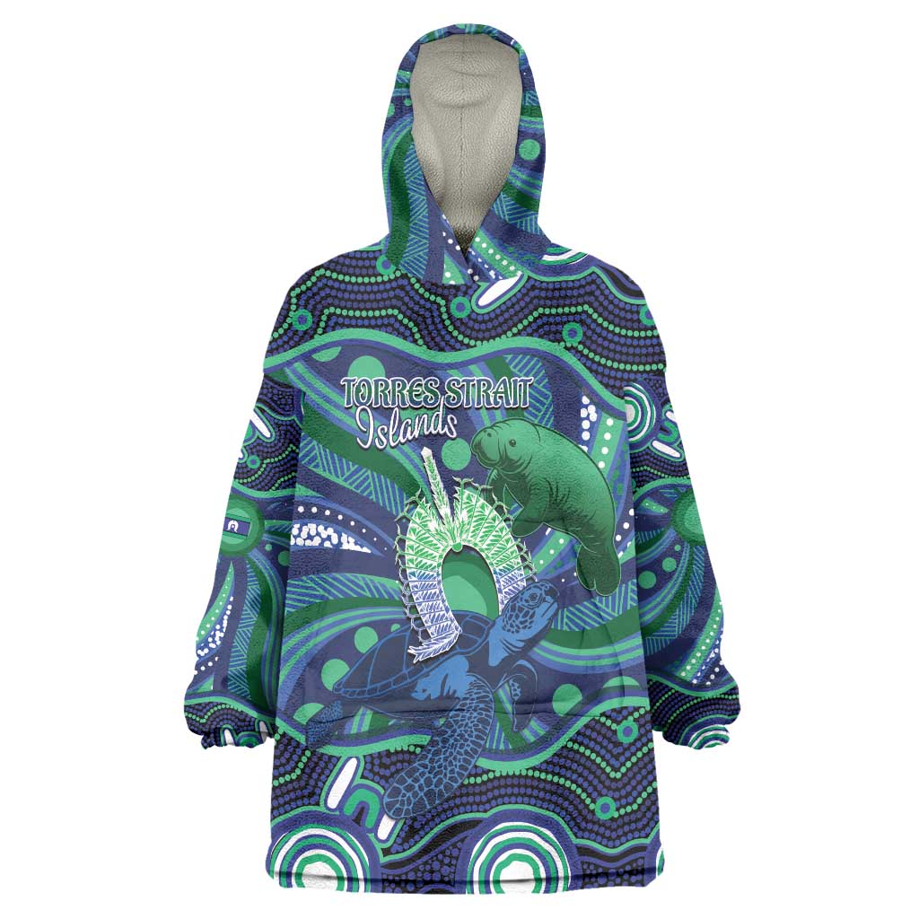 Personalised Torres Strait Islander Flag Day Wearable Blanket Hoodie Dhari Australia Dugong Turtle Aboriginal Art