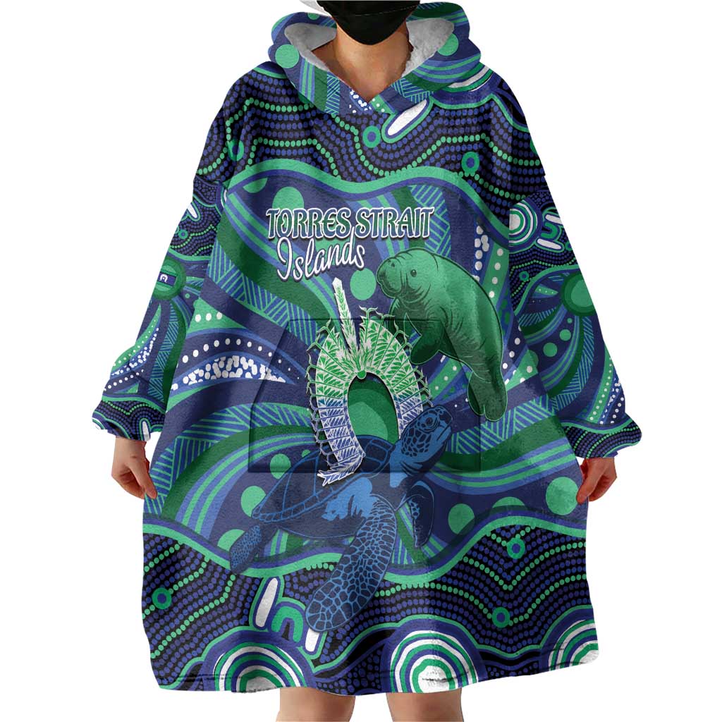 Personalised Torres Strait Islander Flag Day Wearable Blanket Hoodie Dhari Australia Dugong Turtle Aboriginal Art