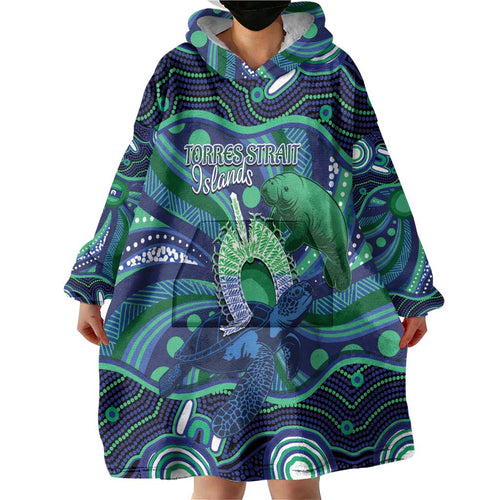 Personalised Torres Strait Islander Flag Day Wearable Blanket Hoodie Dhari Australia Dugong Turtle Aboriginal Art