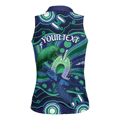 Personalised Torres Strait Islander Flag Day Women Sleeveless Polo Shirt Dhari Australia Dugong Turtle Aboriginal Art