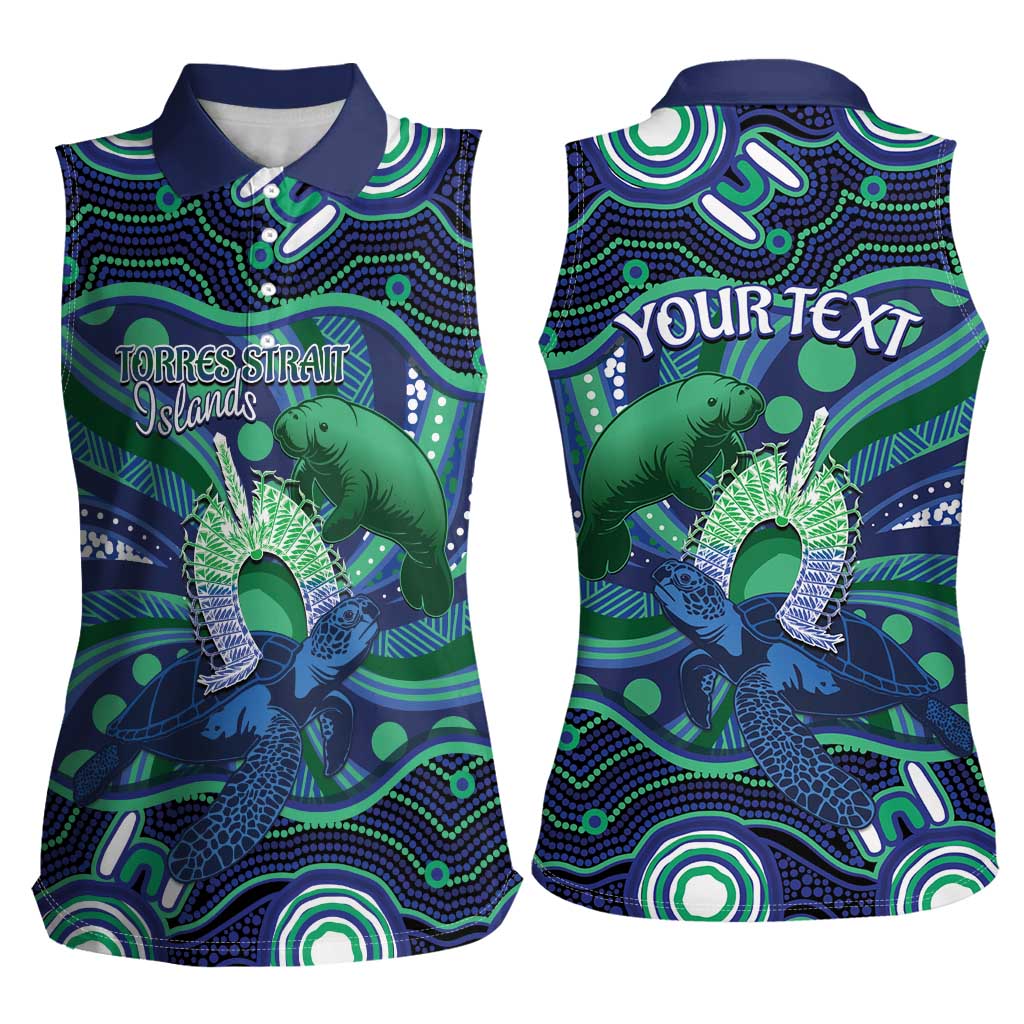 Personalised Torres Strait Islander Flag Day Women Sleeveless Polo Shirt Dhari Australia Dugong Turtle Aboriginal Art