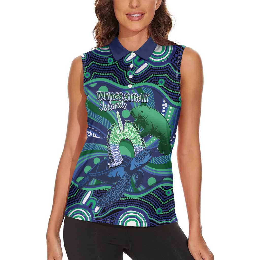 Personalised Torres Strait Islander Flag Day Women Sleeveless Polo Shirt Dhari Australia Dugong Turtle Aboriginal Art