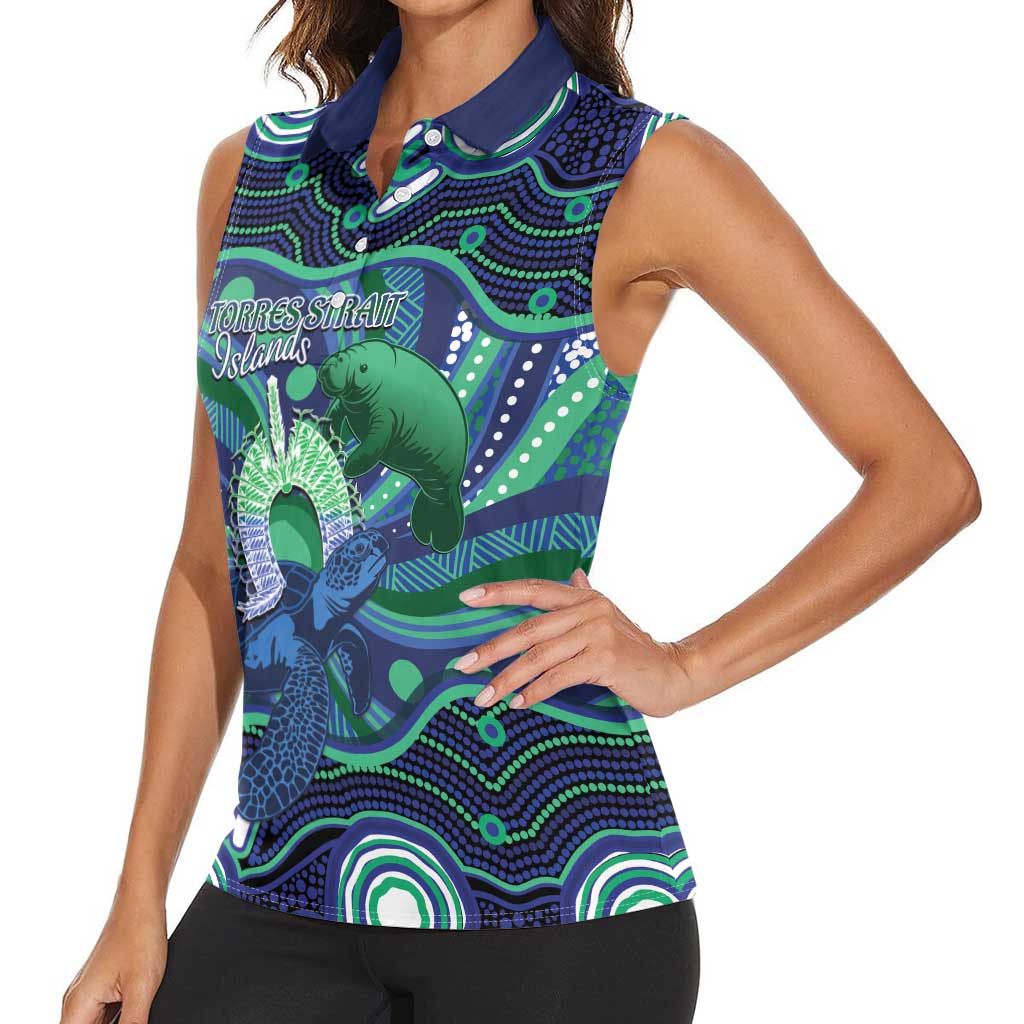 Personalised Torres Strait Islander Flag Day Women Sleeveless Polo Shirt Dhari Australia Dugong Turtle Aboriginal Art