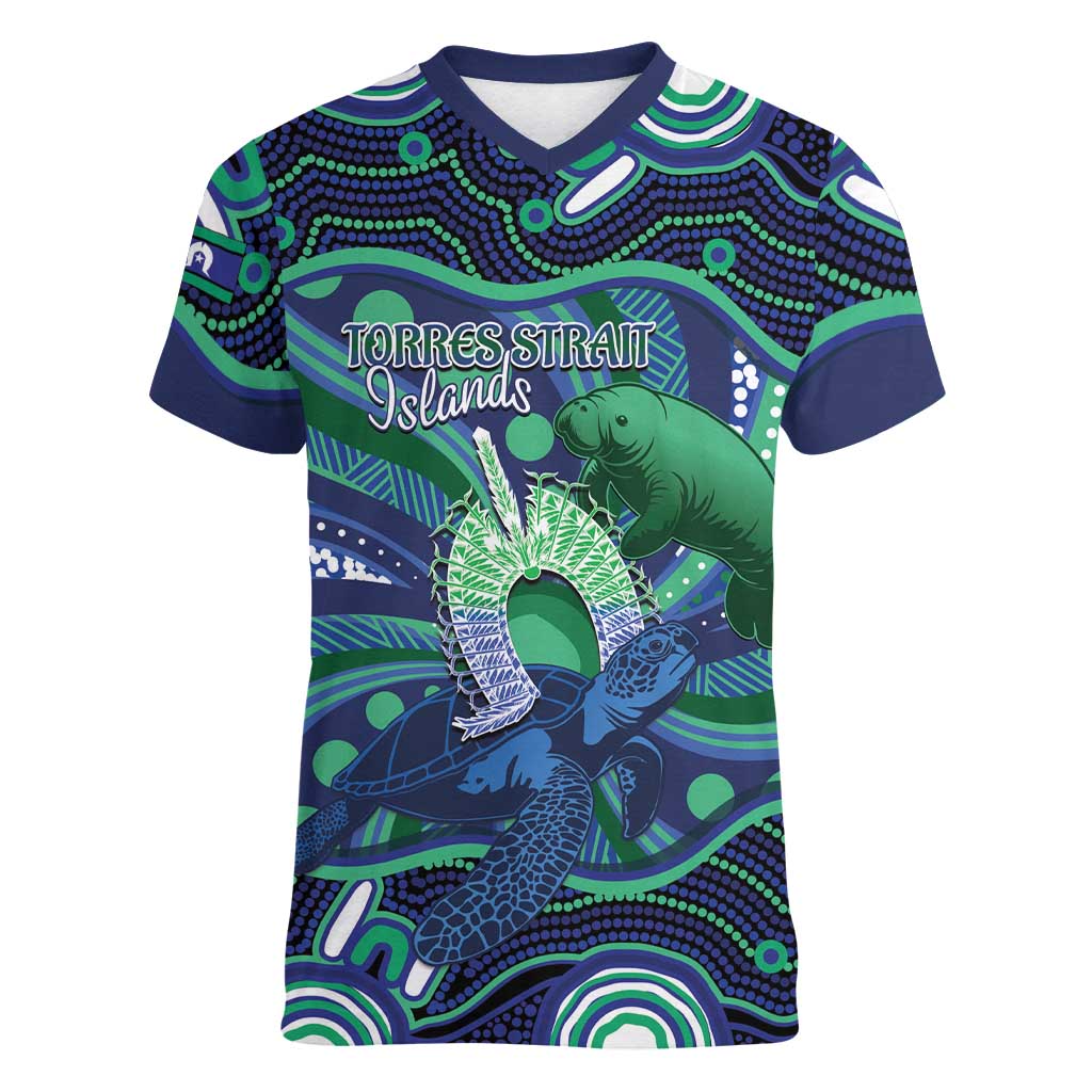 Personalised Torres Strait Islander Flag Day Women V-Neck T-Shirt Dhari Australia Dugong Turtle Aboriginal Art