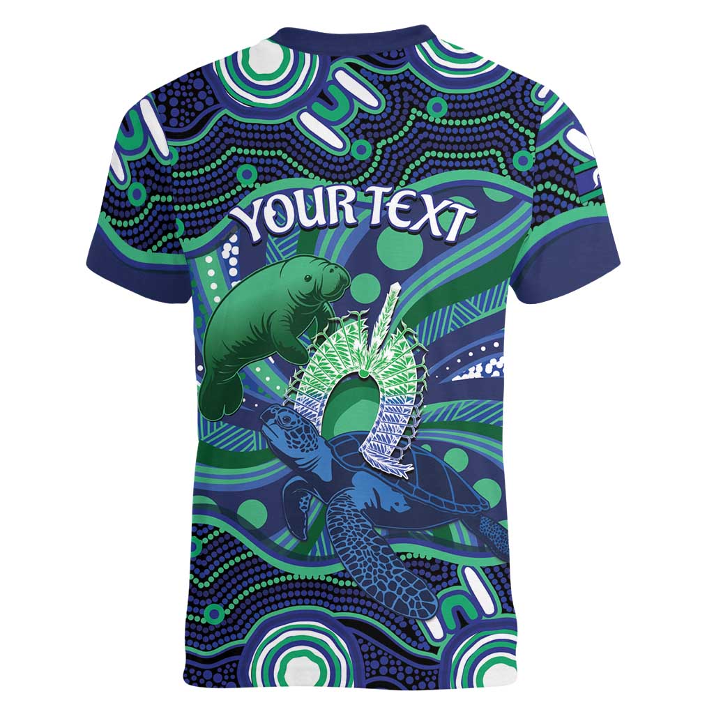 Personalised Torres Strait Islander Flag Day Women V-Neck T-Shirt Dhari Australia Dugong Turtle Aboriginal Art