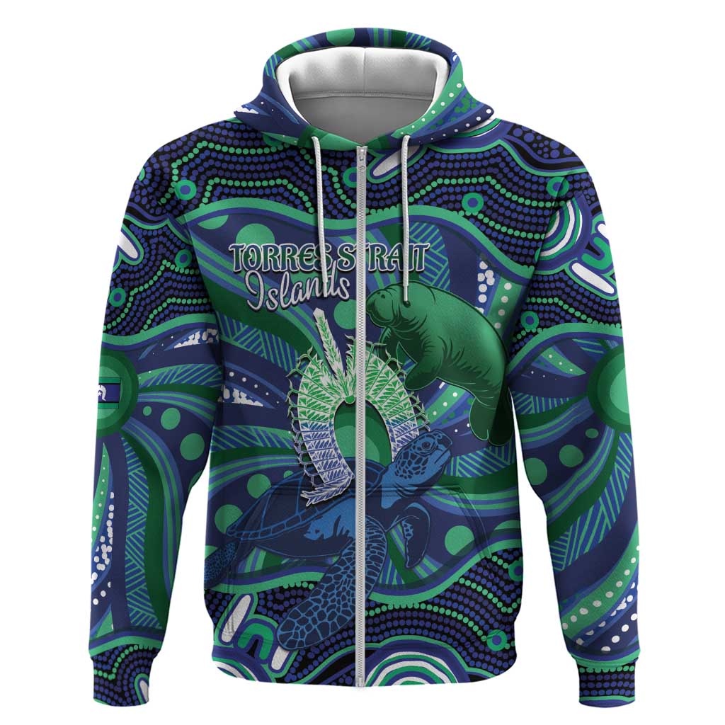 Personalised Torres Strait Islander Flag Day Zip Hoodie Dhari Australia Dugong Turtle Aboriginal Art