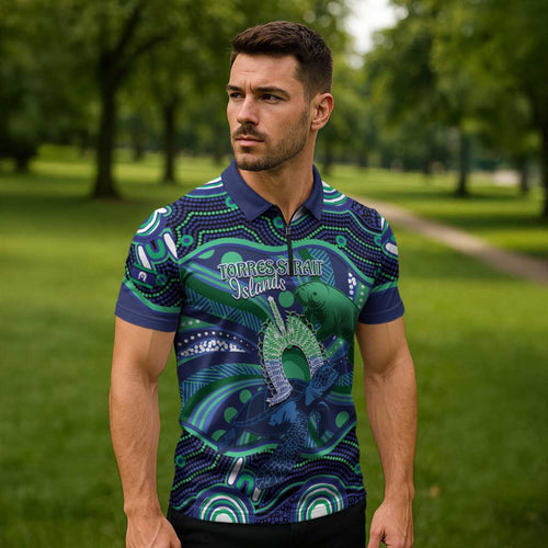 Personalised Torres Strait Islander Flag Day Zipper Polo Shirt Dhari Australia Dugong Turtle Aboriginal Art