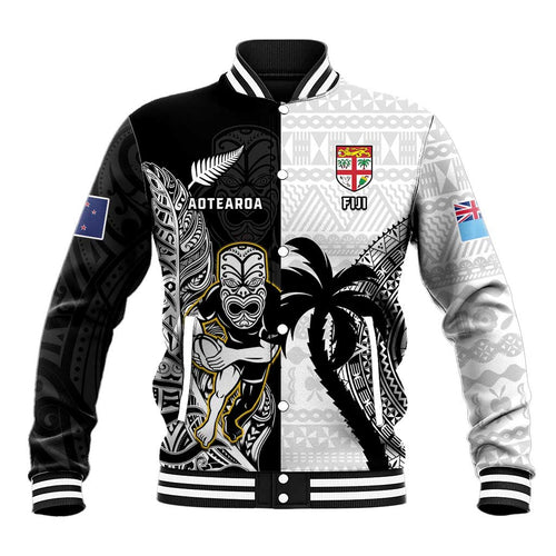 Custom Fiji And New Zealand Rugby Baseball Jacket Aotearoa Silver Fern Mix Fijian Tapa Pattern