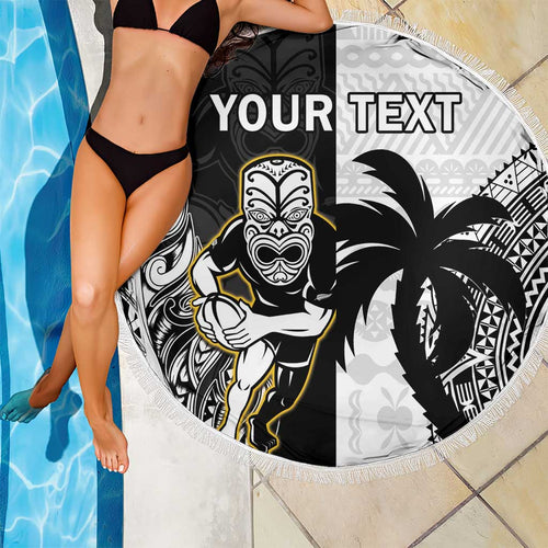Custom Fiji And New Zealand Rugby Beach Blanket Aotearoa Silver Fern Mix Fijian Tapa Pattern