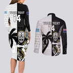 Custom Fiji And New Zealand Rugby Couples Matching Long Sleeve Bodycon Dress and Long Sleeve Button Shirt Aotearoa Silver Fern Mix Fijian Tapa Pattern