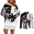 Custom Fiji And New Zealand Rugby Couples Matching Off Shoulder Short Dress and Long Sleeve Button Shirt Aotearoa Silver Fern Mix Fijian Tapa Pattern