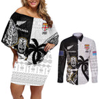 Custom Fiji And New Zealand Rugby Couples Matching Off Shoulder Short Dress and Long Sleeve Button Shirt Aotearoa Silver Fern Mix Fijian Tapa Pattern