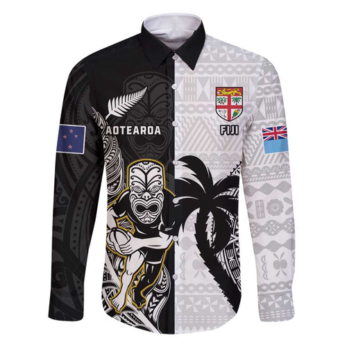 Custom Fiji And New Zealand Rugby Family Matching Mermaid Dress and Hawaiian Shirt Aotearoa Silver Fern Mix Fijian Tapa Pattern