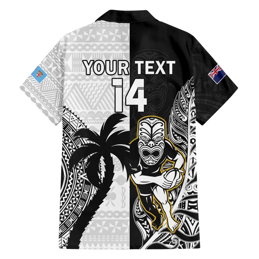 Custom Fiji And New Zealand Rugby Family Matching Off Shoulder Short Dress and Hawaiian Shirt Aotearoa Silver Fern Mix Fijian Tapa Pattern