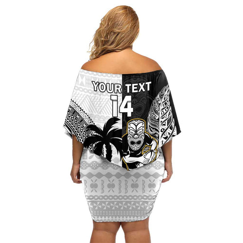 Custom Fiji And New Zealand Rugby Family Matching Off Shoulder Short Dress and Hawaiian Shirt Aotearoa Silver Fern Mix Fijian Tapa Pattern