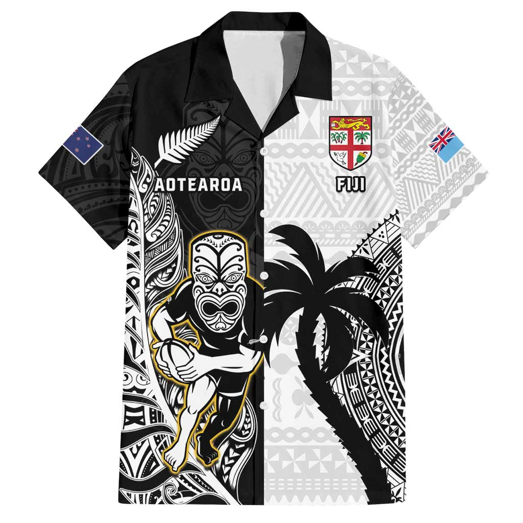 Custom Fiji And New Zealand Rugby Family Matching Summer Maxi Dress and Hawaiian Shirt Aotearoa Silver Fern Mix Fijian Tapa Pattern