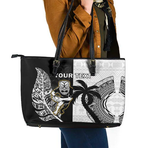 Custom Fiji And New Zealand Rugby Leather Tote Bag Aotearoa Silver Fern Mix Fijian Tapa Pattern