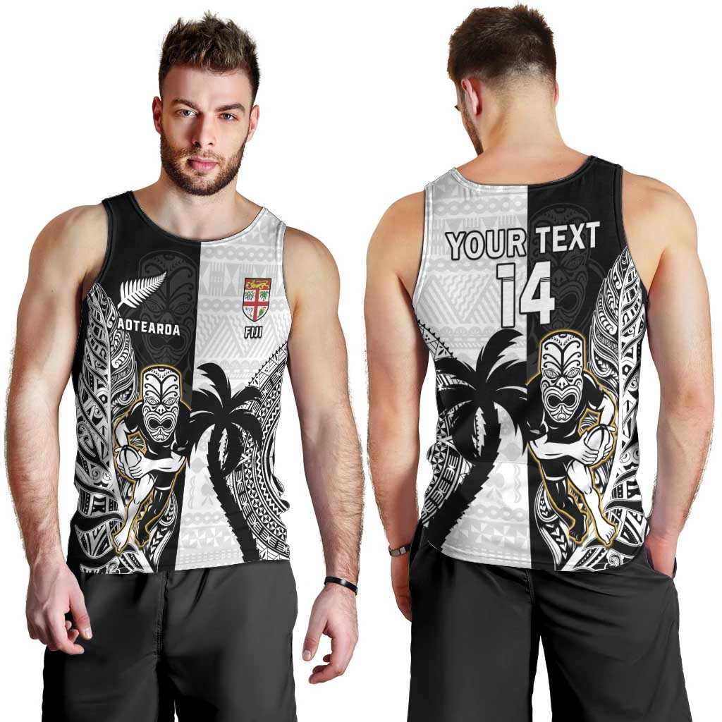 Custom Fiji And New Zealand Rugby Men Tank Top Aotearoa Silver Fern Mix Fijian Tapa Pattern